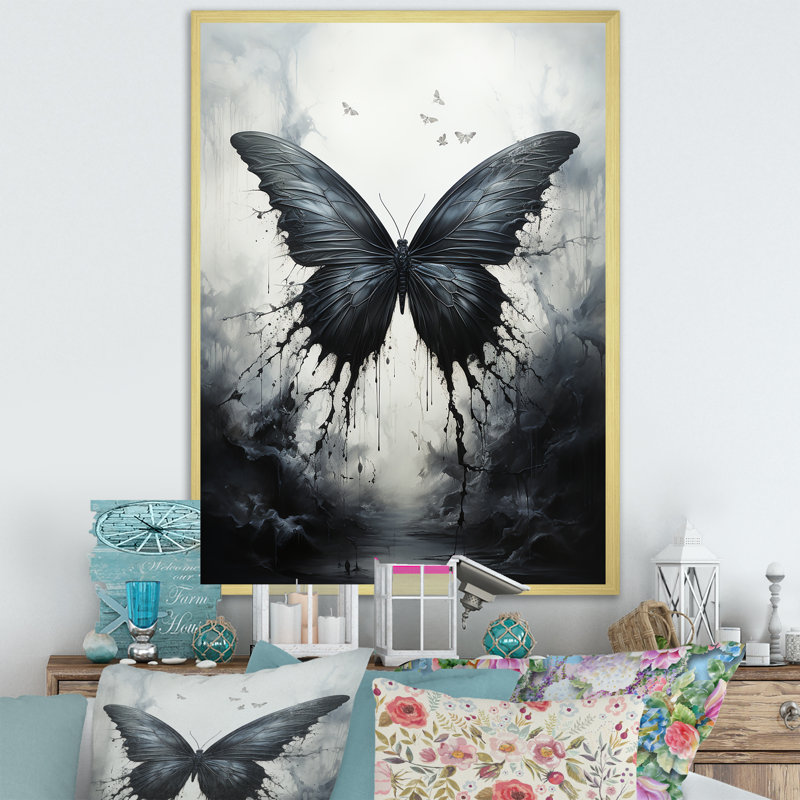 Papillon - Métamorphose monochrome - Décoration murale papillon, H 40 po x l 30 po x P 1,5 po, Cadre doré simple