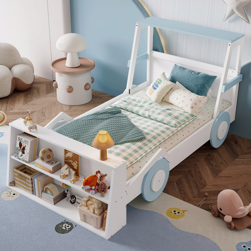 Twin Size Car Bed Frame With Storage Function Shelves, Kids Platform Bed Frame With Cute Car-Shape, Childlike Style Design, Blue And  In White Finish