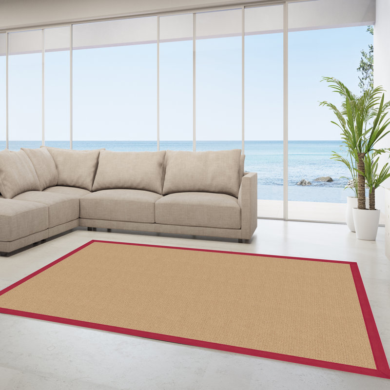 Nannette Handmade Medium Beige Berber with Red Cotton Border Made in the USA Area Rug, Rectangle 8'9" x 12'