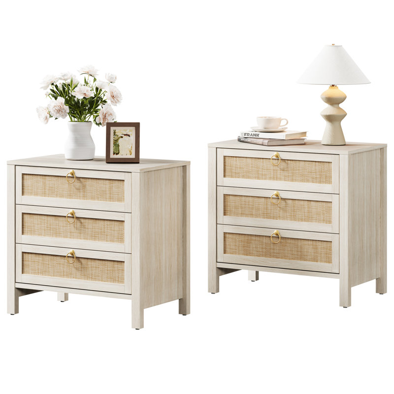 Pomodoro Boho-Inspired Rattan Nightstand With 3-Drawer, White