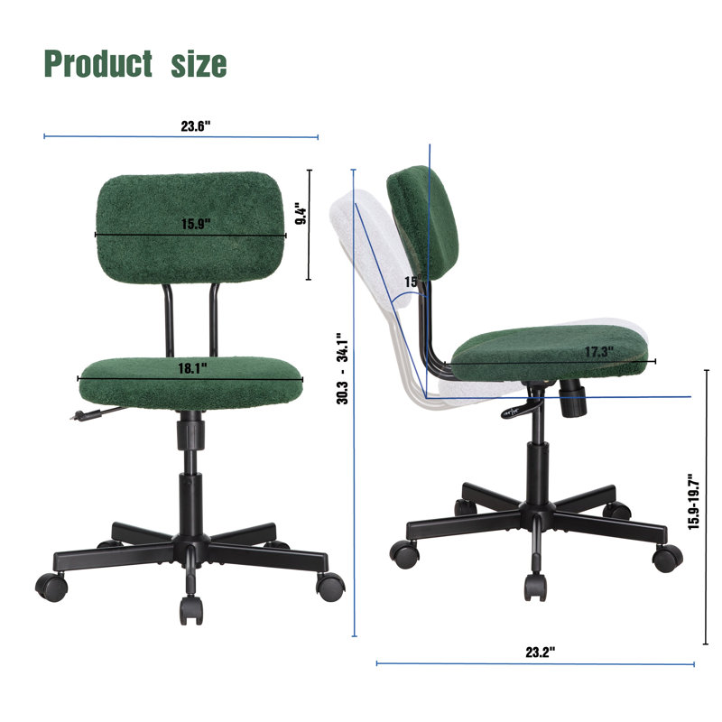 23'' Lamb Wool Armless Task Chair - Adjustable Swivel with Tufted Back, No, Green