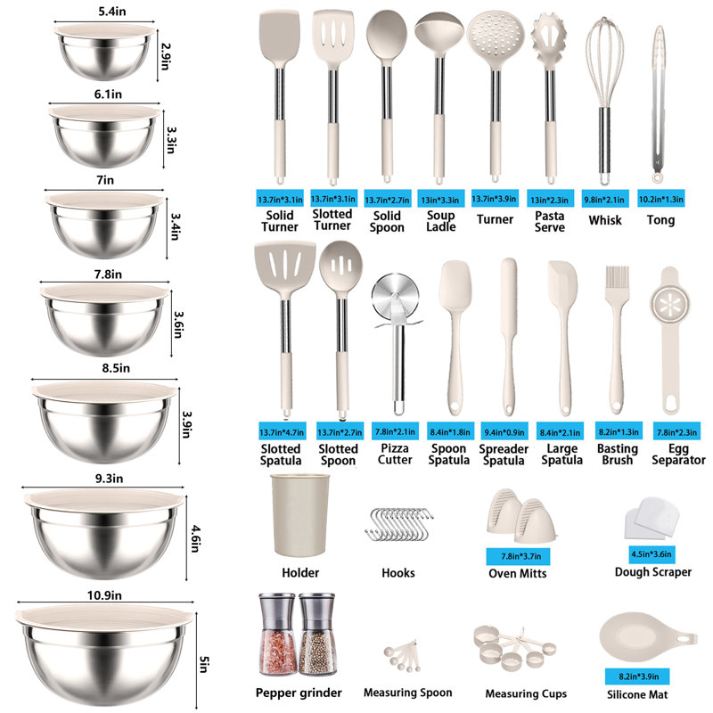 32-Piece Stainless Steel Cooking Utensil Set with 7-Piece Mixing Bowl Set with Lids, Khaki