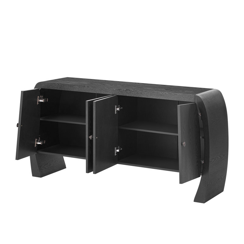 Armoire de rangement en U en placage de frêne à quatre portes avec pieds courbés, Noir