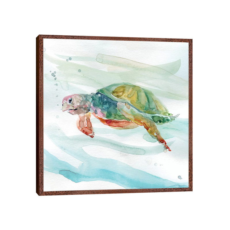 Turtle Tropics II by Carol Robinson - Painting on Canvas, 45.72 cm H x 45.72 cm W, Classic Brown Wood Framed Canvas