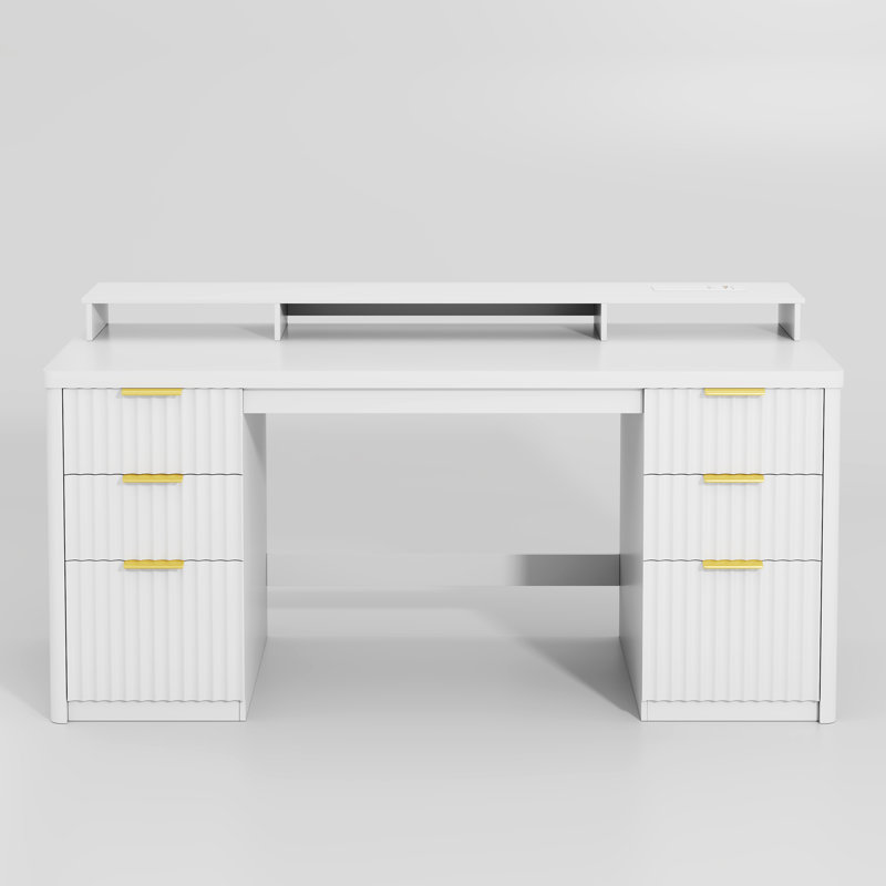 Computer Desk with Built-In Electrical Outlet, White