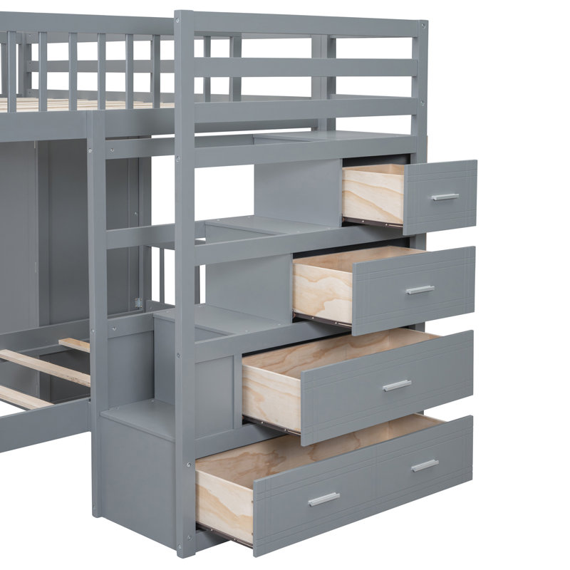 Lit superposé gris avec rangement polyvalent - garde-robe, tiroirs et espace supplémentaire double au-dessus d'un lit simple gris. Garde-robe et pour utilisation. Chambre à coucher. L 97,9 po x l 80 po x H 64,6 po. Bois massif. Roulement robuste