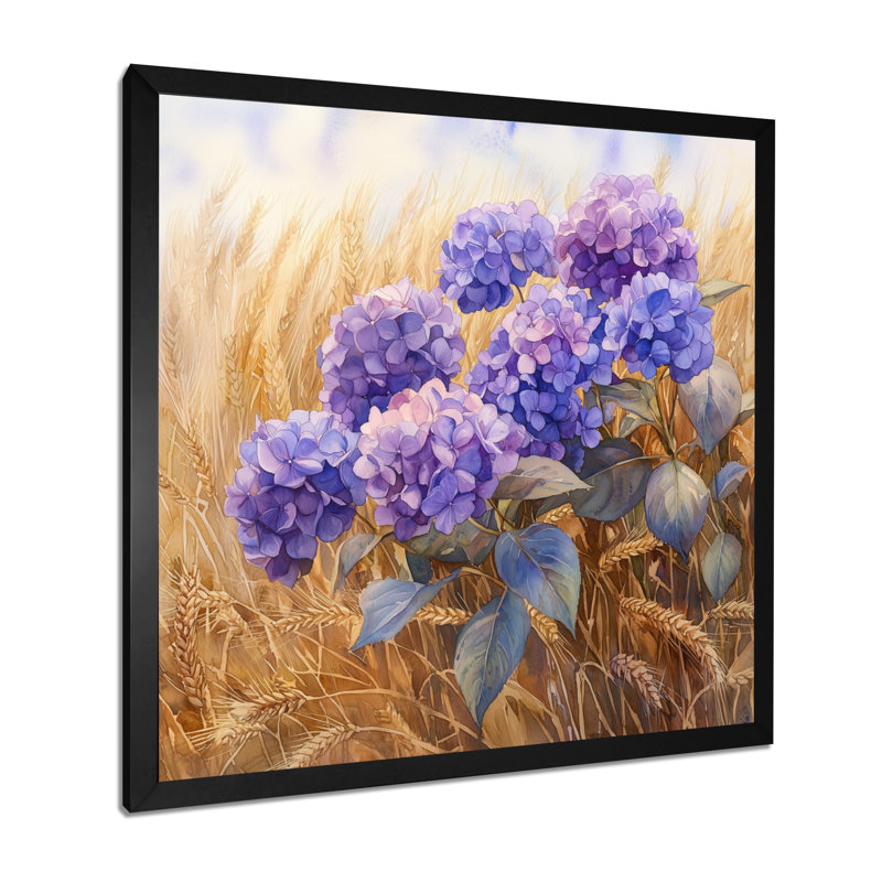 Hortensias dans le champ de blé - art mural sur toile Hydrangea, Reproduction encadrée d'une seule photo, H 16 po x l 16 po