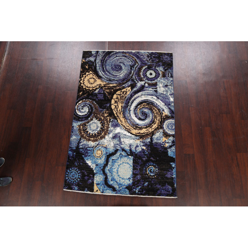 Tapis oriental contemporain abstrait à motif végétal noué à la main 4 x 6