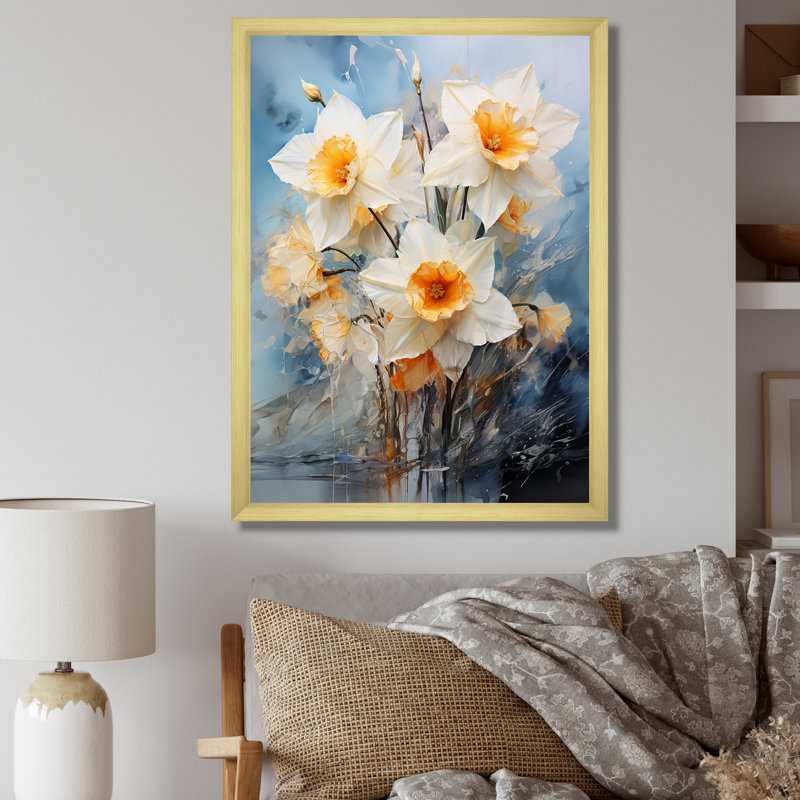 «Soft Neutrals Grey White Daffodils Bloom», reproduction sur toile, H 44 po x l 34 po x P 1,5 po, Cadre doré simple