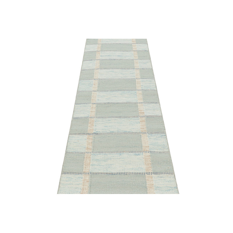 Rug & Kilim’S Scandinavian Style Runner Rug With Seafoam Blue Geometric Patterns, Rectangle 10' x 14'