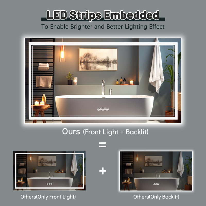 LED Lighted Bathroom Mirror: Front and Backlit, Tempered Glass, 3 Colors, Dimmable, CRI 90+, Defog, 36" x 55"
