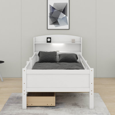 Lit plateforme en bois avec lumière DEL, tête de lit multifonctionnelle, garde-corps et 2 tiroirs
