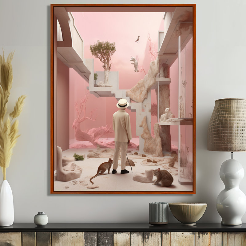 «Artist Portrait White Hat and Cats - Man», art mural, Toile avec cadre flottant brun, H 32 po x l 24 po x P 1 po