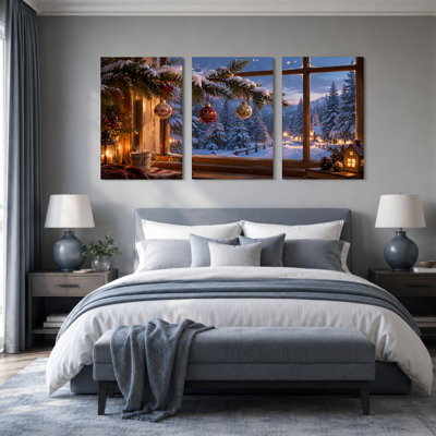 " Snowy Forest View Through Window with Christmas " 3 Piece Art