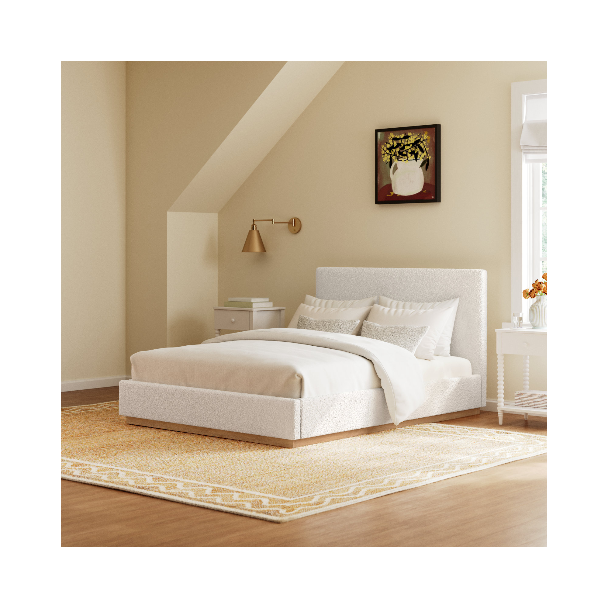 Drago Upholstered Platform Bed, Cream Boucle, Full