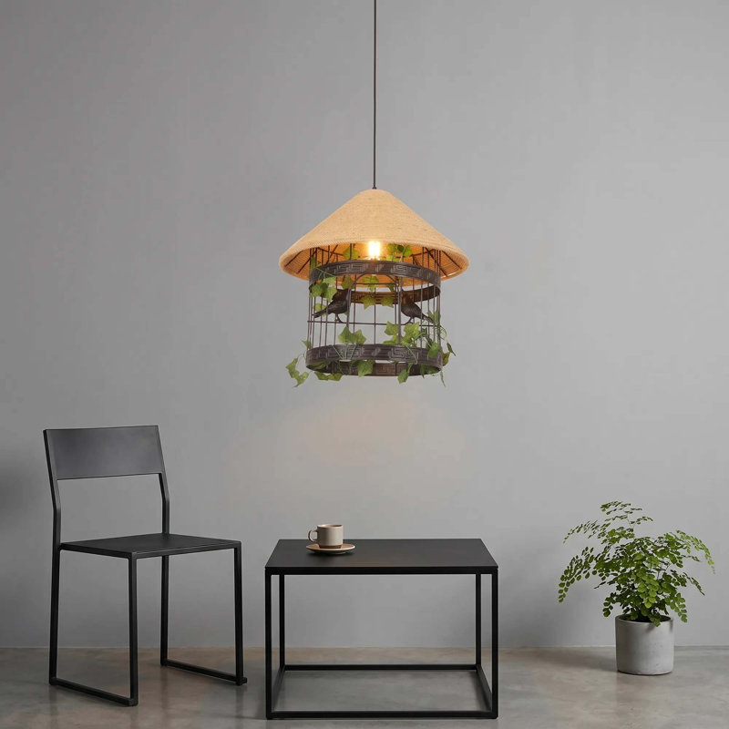 Luminaire suspendu rustique à cage simple en métal, lumières de corde de chanvre en métal industriel pour îlot de cuisine, bar et café,