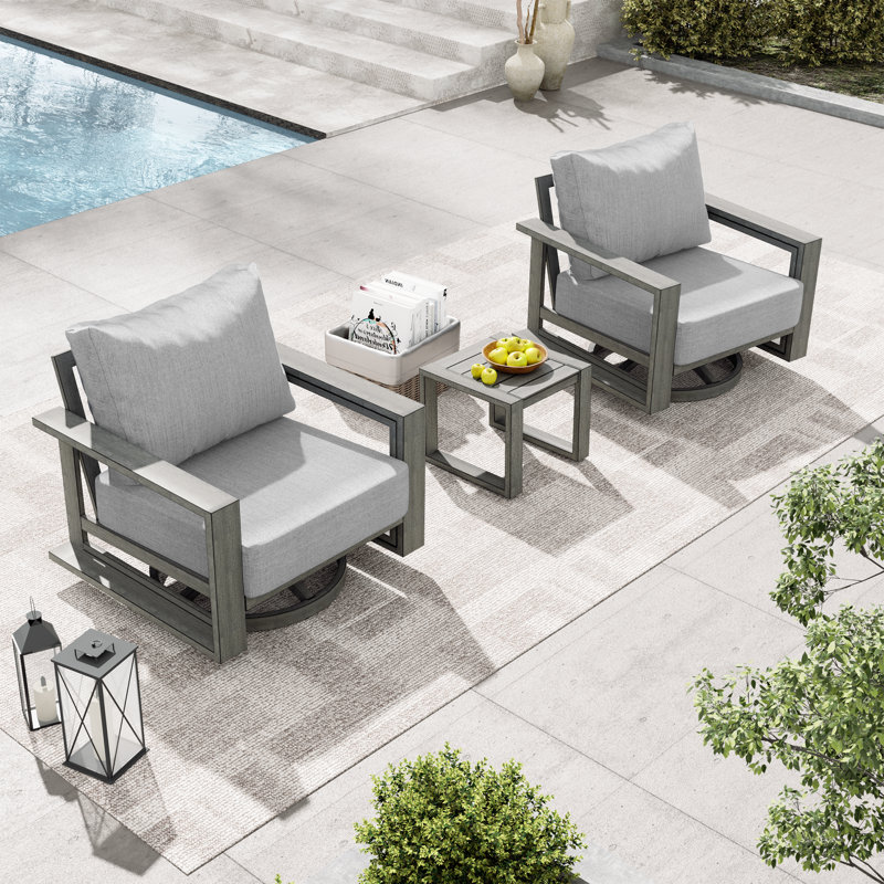 Ensemble de conversation d'extérieur en aluminium 3 pièces avec chaises pivotantes, coussins gris et table d'appoint Adden