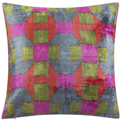 Coussin décoratif en velours fait à la main - 16 po x 16 po, teint naturellement végétal, avec duvet de plumes de qualité supérieure - motif géométrique à carreaux, décoration luxueuse
