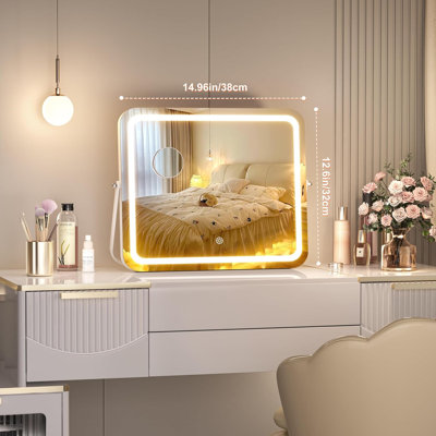 Miroir de salle de bain à DEL avec lumières, miroir de maquillage avec 3 modes d'éclairage, contrôle tactile intelligent, luminosité à intensité variable, rotation de 360 degrés, comprend une loupe 5X
