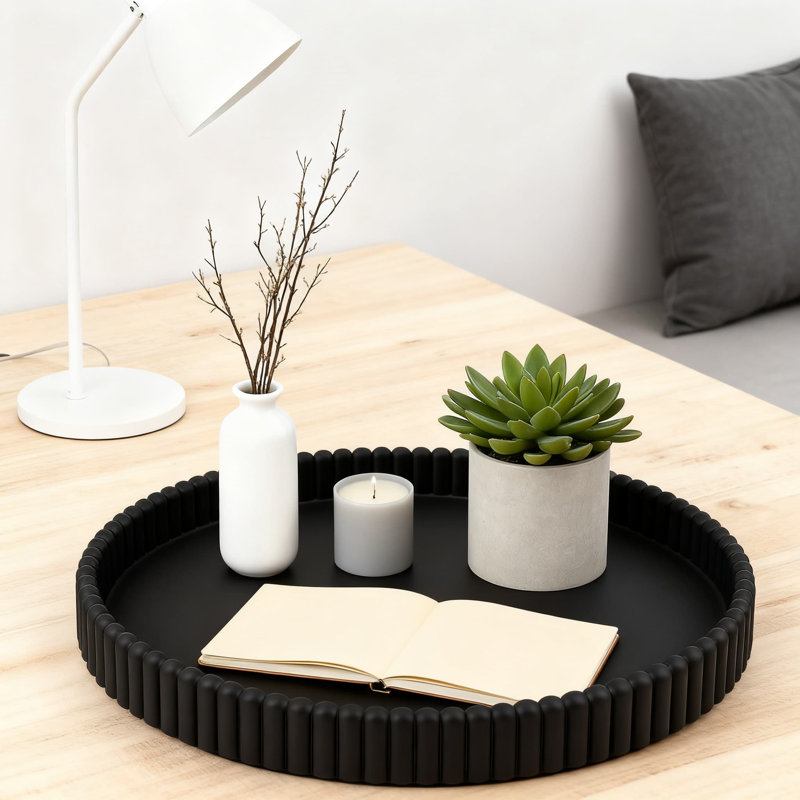Scalloped Concrete Tray For Home Decor, Modern Oval Centerpiece Tray For Coffee Table, Living Room, And Kitchen, Black