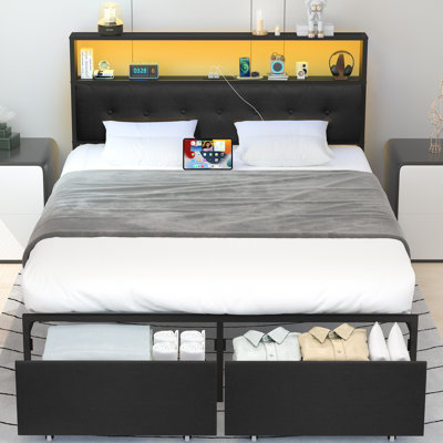 Lakeeya Bed Frame with Headboard, Metal Platform Bed Frame, Storage Bed with Charging Station