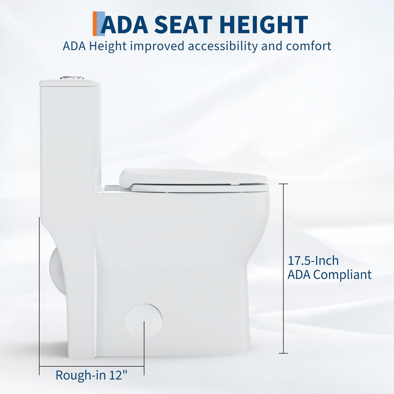 Toilette ronde une pièce, 17,5 po de hauteur ADA, double chasse 0,8 / 1,28 GPF, conception brute à cuve haute de 12 po, blanc