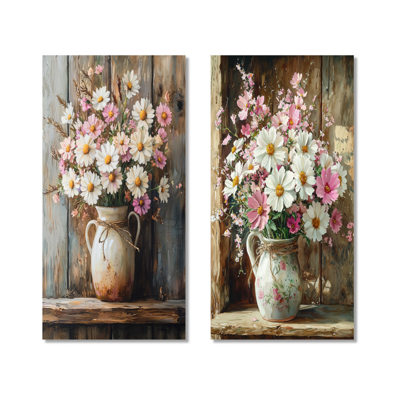 «Farm Daisies Bouquet into a Milk Vase I» - ensemble de 2 reproductions d'art mural en métal, 40" H x 40" W