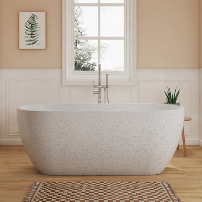 Baignoire îlot Fslefay 63'' en terrazzo, résine de pierre mouchetée, baignoire profonde avec trop-plein et bonde escamotable.