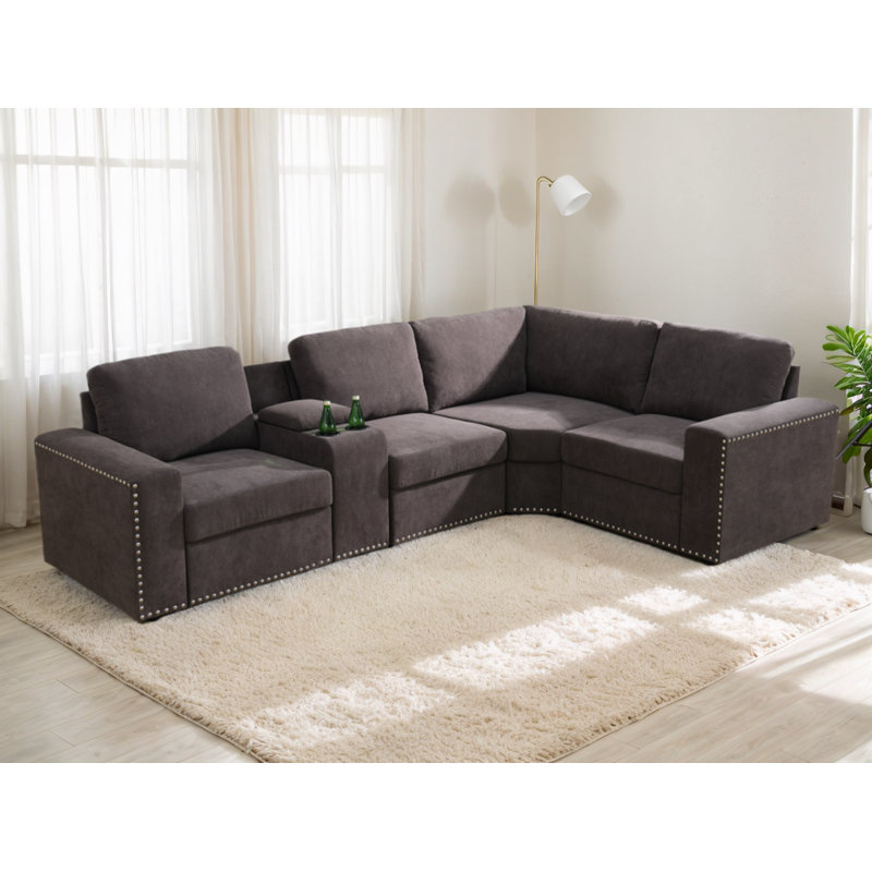 Upholstered L-Shaped Sectional Reversible, Brown Flannel
