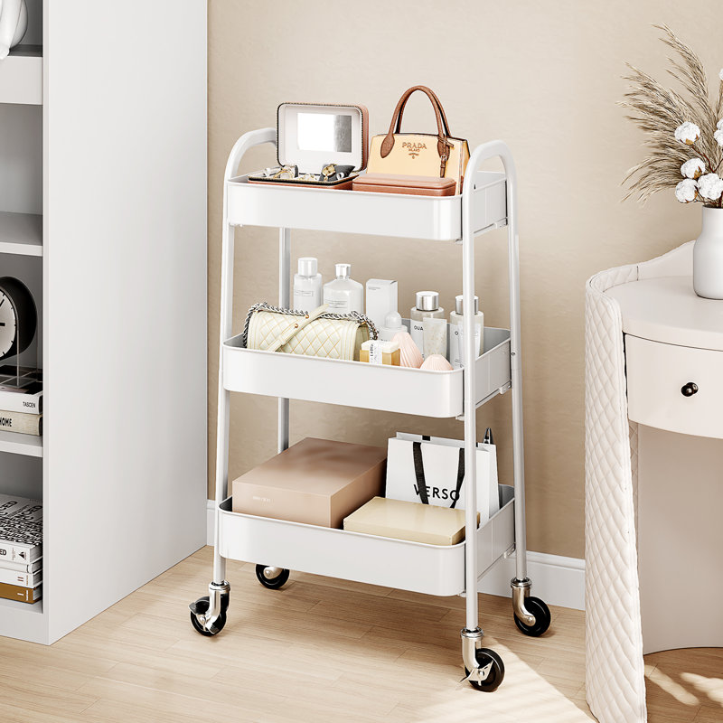 Metal Utility Cart, 3 Tier Rolling Cart With Lockable Wheels, White