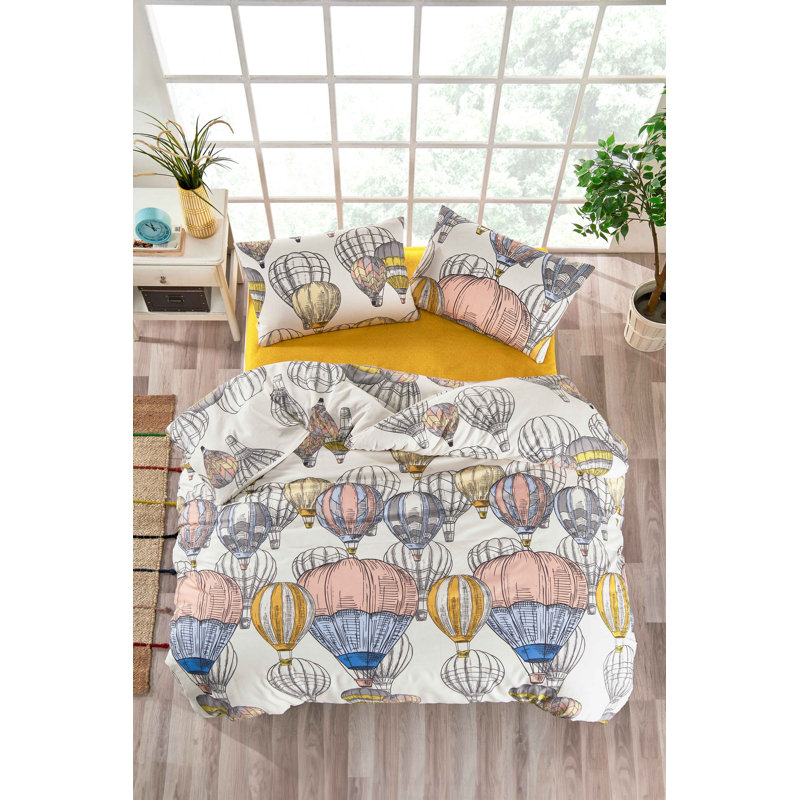 Premium Single Quilt Cover Set, Mustard & White/Grey/Pink, 55.1 x 78.7 inches | 65% Cotton / 35% Polyester, Pigment Printed, Machine Washable, 120 Thread Count, Envelope Pillowcase & Button Closure | Soft & Stylish Bedding