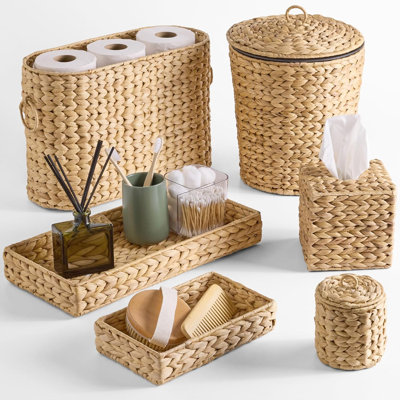 Ensemble de 6 accessoires de salle de bain : plateau de toilette, pot à cotons-tiges, couvercle carré pour boîte à mouchoirs, petite poubelle en osier, panier à papier toilette, organisateur de rangement, jacinthe d'eau