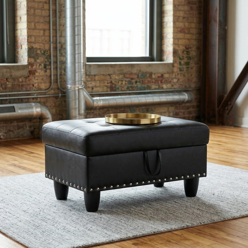 Tufted Faux Leather Storage Ottoman Bench, Rectangular Upholstered Footrest Stool With Nailhead Trim & Safety Hinges, Multifunctional Storage Box For Living Room, Bedroom, Entryway (Black)