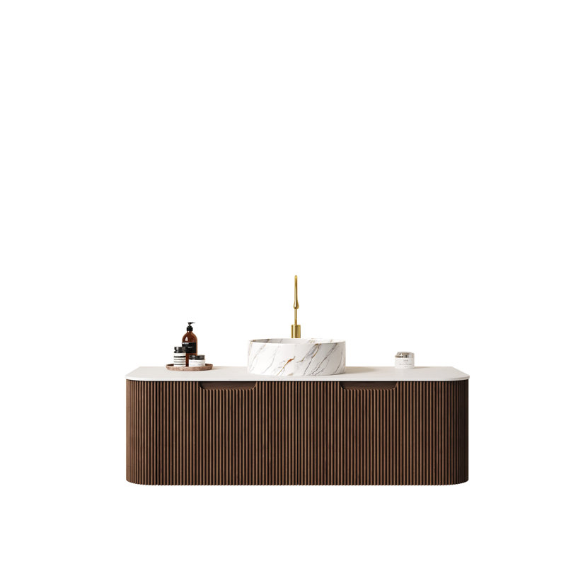 Meuble-lavabo de salle de bain 48 po Dina, meuble-lavabo rayé à bords arrondis avec 2 tiroirs, lavabo rond en céramique blanc et plateau en pierre frittée blanc de Carrare, pré-assemblé, couleur grain de bois noyer foncé
