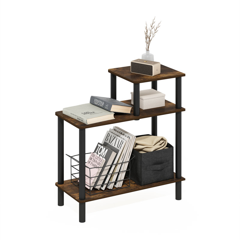 Creekside 3-Tier Rectangular Sofa Side Table, End Table with Open Shelves, Amber Pine/Black