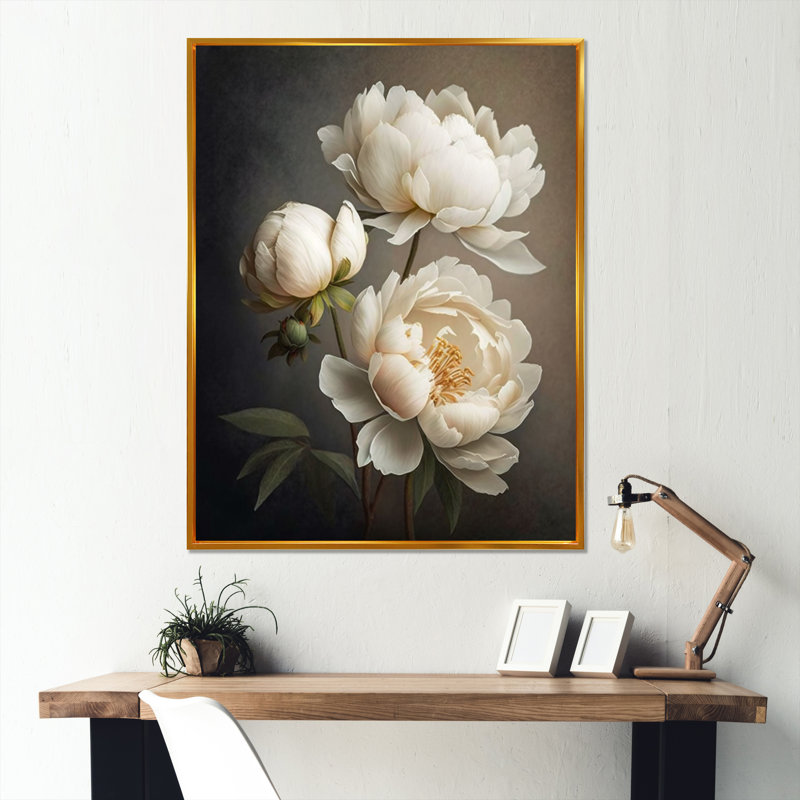 Fleurs de pivoines IV - pivoines, impressions sur toile, H 40 po x l 30 po, Cadre flottant doré