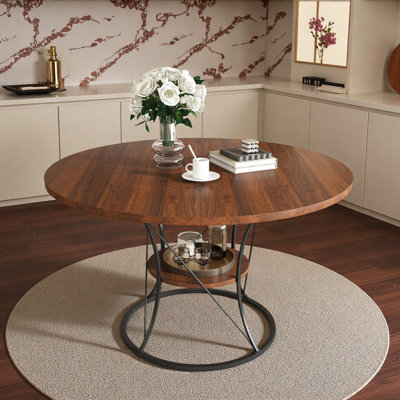 43 Inch Round Dining Table For 4-6, Expandable Farmhouse Kitchen Table With Storage Shelf & Metal Base, Extendable Wood Table From 43 To 59 Inch, Larg