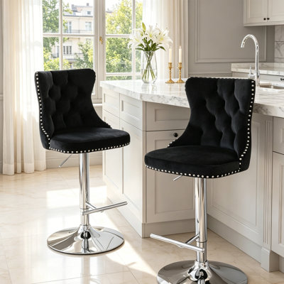 Tabourets de bar pivotants en velours à hauteur de siège réglable, tabourets de bar à base chromée avec dossier capitonné confortable pour bistro et îlot de cuisine, ensemble de 2