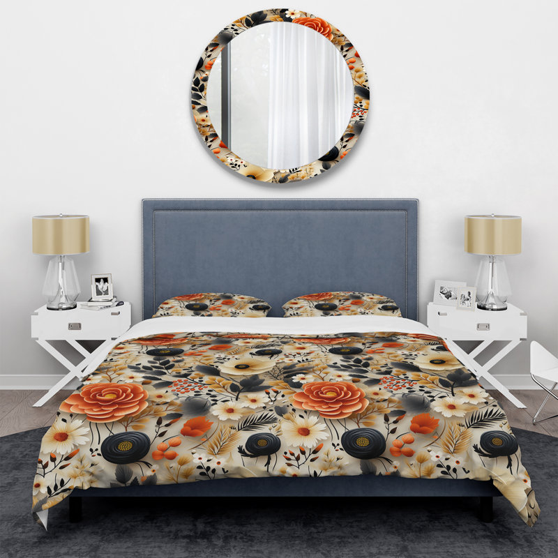 Black & Beige Boho Chic Floral Pattern - Ensemble de housse de couette à motif floral