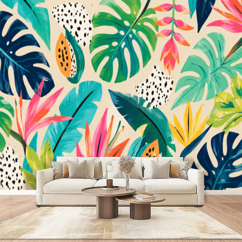 Peler et coller le papier peint adhésif tropical, jungle exotique moderne, collage, art mural contemporain sans soudure, adhésif et amovible