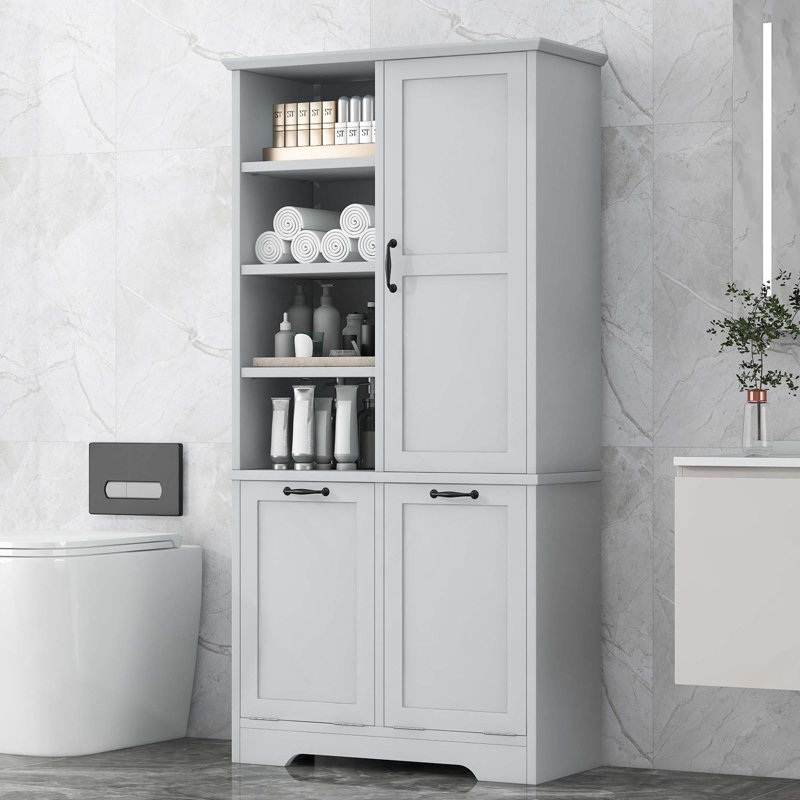 Bathroom Freestanding Multiple Storage Space Cabinet With Doors And Drawers, Tilt-Out Laundry Hamper, Open Shelve & Adjustable Shelf