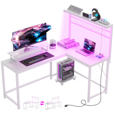 Gaming Desk, 62" L Shaped Desk with Power Outlets & LED Lights, 86" 2 Person Computer Table with Shelf & Rolling CPU Stand, Reversible Corner Office Table with Hutch, White