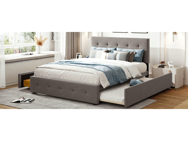 Lit plateforme tapissier avec 2 tiroirs et 1 lit gigogne simple TG, tissu de lin, grand, Gris clair