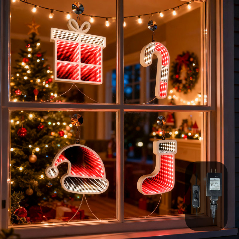Guirlande de 4 lumières de Noël avec miroir infini, décorations à DEL à double face à effet infini (chaussette, chapeau, canne de bonbon, boîte-cadeau), lueur rouge et blanche, décoration de fête et de décoration d'intérieur