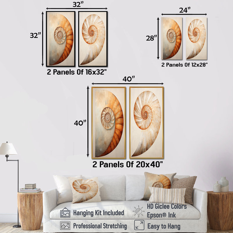 Cuivre cuivré spirales Nautilus - ensemble de 2 décorations murales Nautilus, H 28 po x l 25 po, Toile tendue