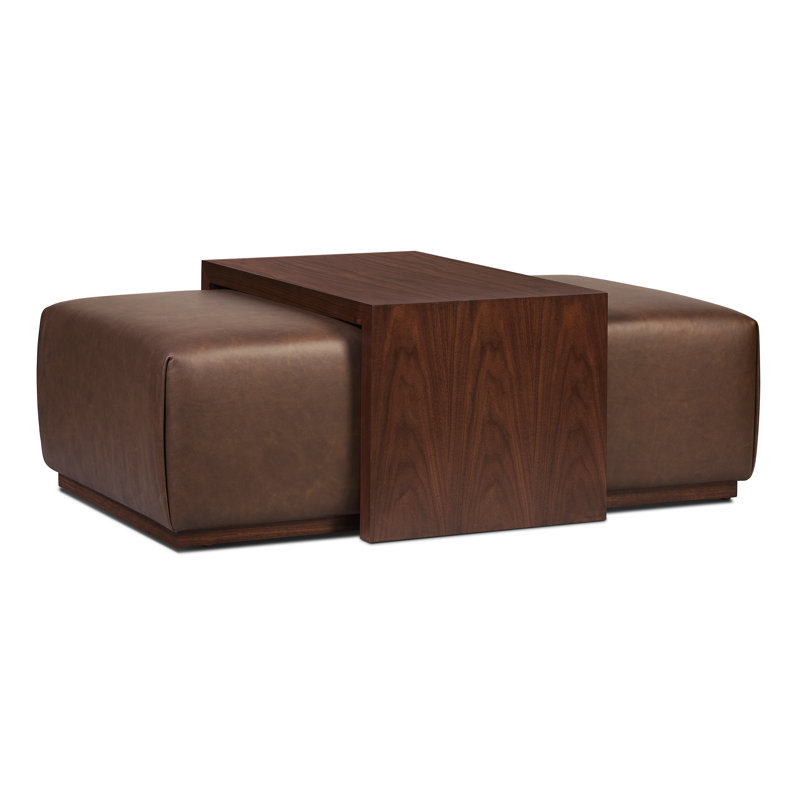 Jarmo Full-Grain Genuine Italian Leather Ottoman With Walnut Table, Bridle Brown