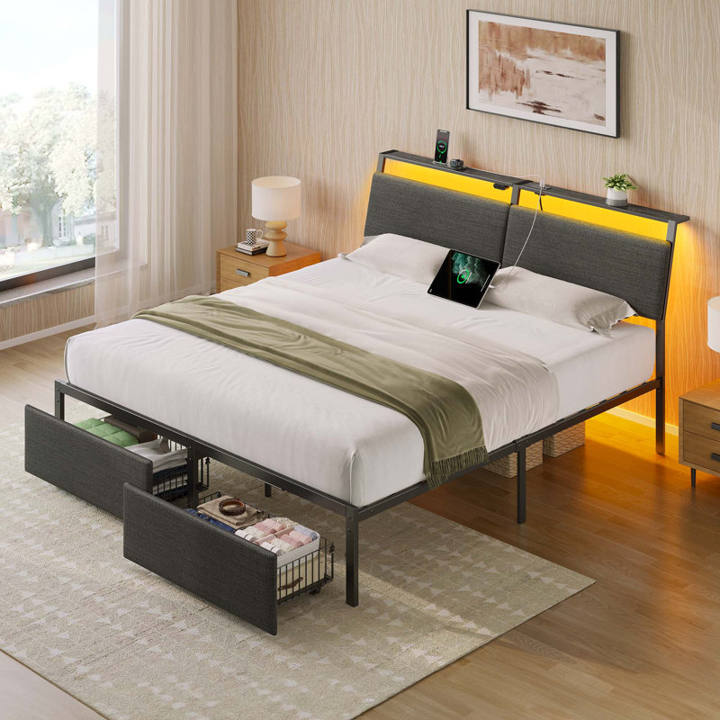 Pattani Bed Frame with Inclined Headboard, Upholstered Bed with Charging Station and RGB LED Lights, King