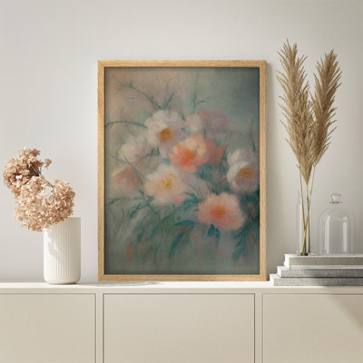 "Peach Blossoms", art mural encadré pastel, impression de peinture florale impressionniste douce pour chambre de campagne française ou décor de meuble-lavabo féminin