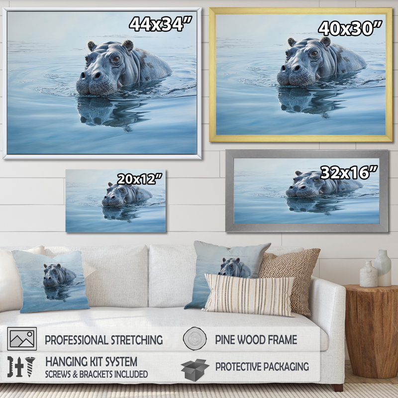 «Afrique Hippos Serenity I» sur toile, H 30 po x l 40 po x P 1,5 po, Cadre flottant noir