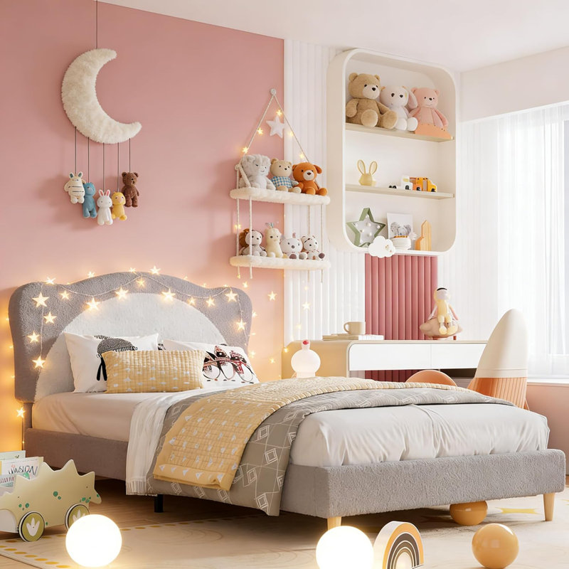Twin Size Bed Frame for Kids - Cute Velvet Princess Platform Bed with Upholstered Headboard for Girls/Boys, Solid Wood Slats Support, No Box Spring Needed, Grey + White